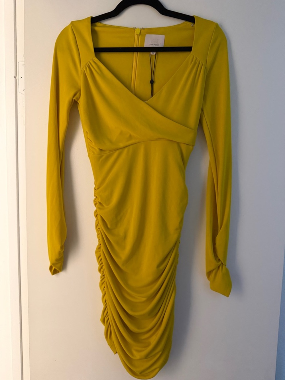 Elegant Yellow cinq a sept Long-Sleeve Ruched Bodycon Dress